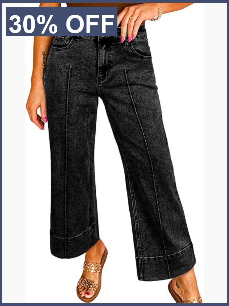 Stretchy Wide Leg High Waisted Cropped Denim Jeans With Vertical Seams